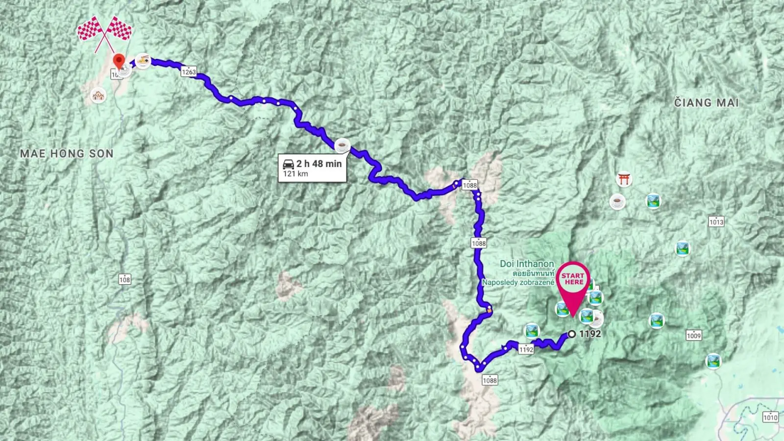 Map Doi Inthanon to Khun Yuam by motorcycle