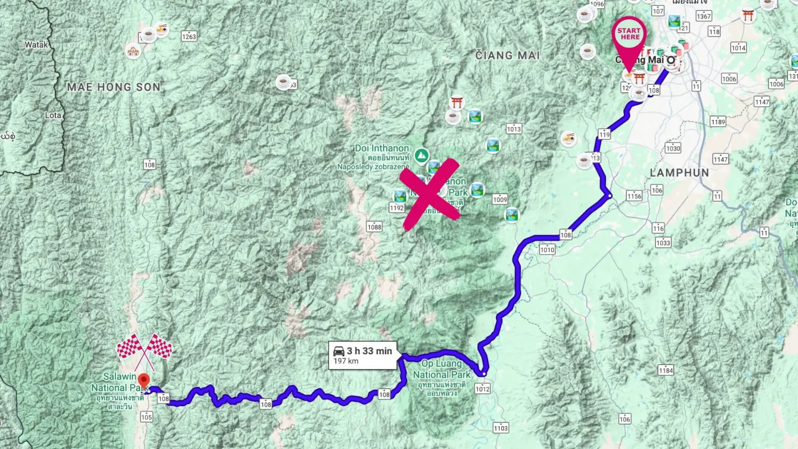 Map: Doi Inthanon to Mae Sariang on motorcycle