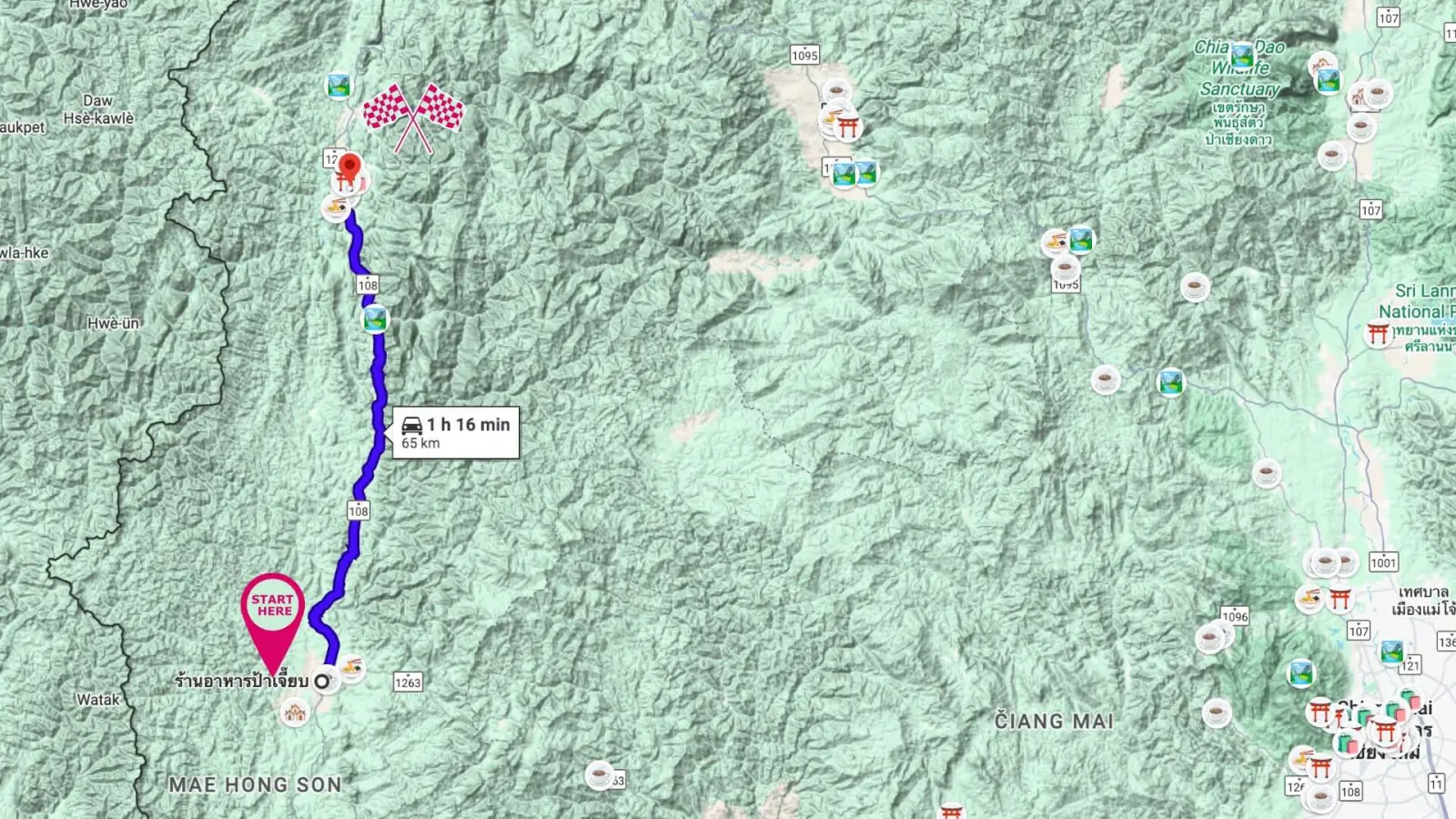 Map Khun Yuam to Mae Hong Son on motorcycle