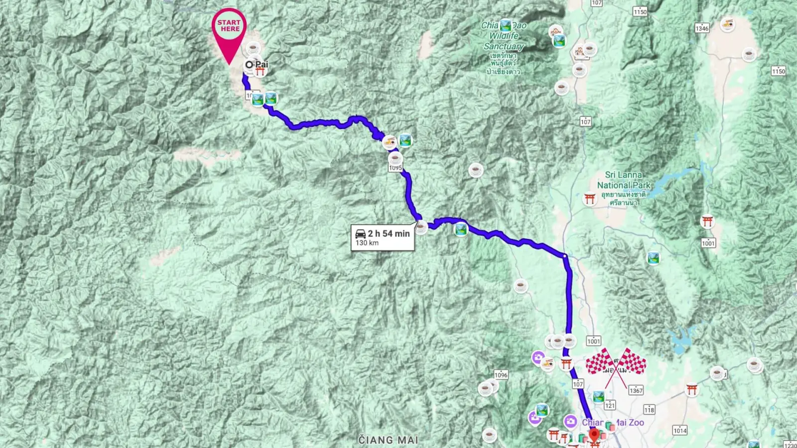 Map: Pai to Chiang Mai on motorcycle