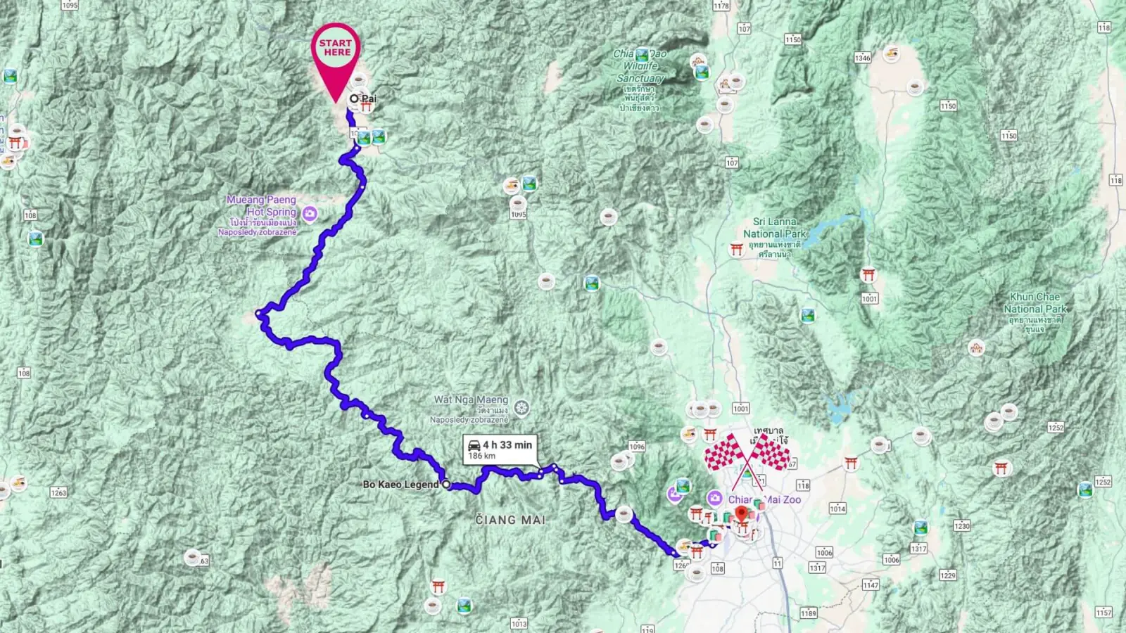 Map: Pai to Chiang Mai on motorcycle, inside the mountains