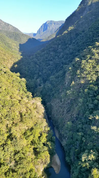 Drone view of a river gorge along the Mae Hong Son Loop, motorbike ride in Northern Thailand