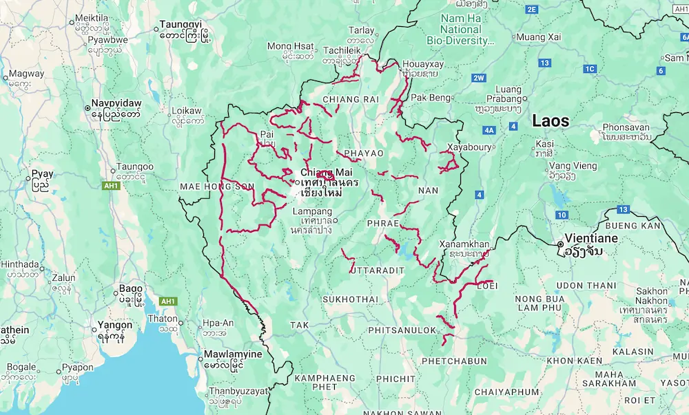 Scenic Routes, Roads Motorbiking Map of Northern Thailand