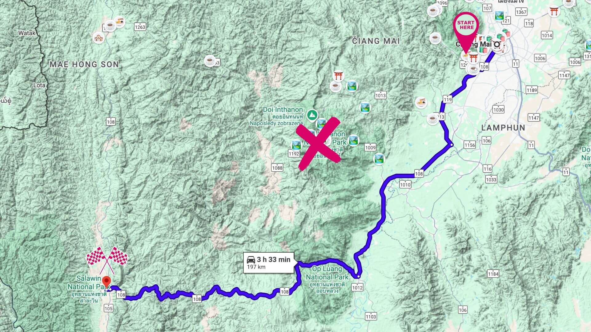 Map: Doi Inthanon to Mae Sariang on motorcycle